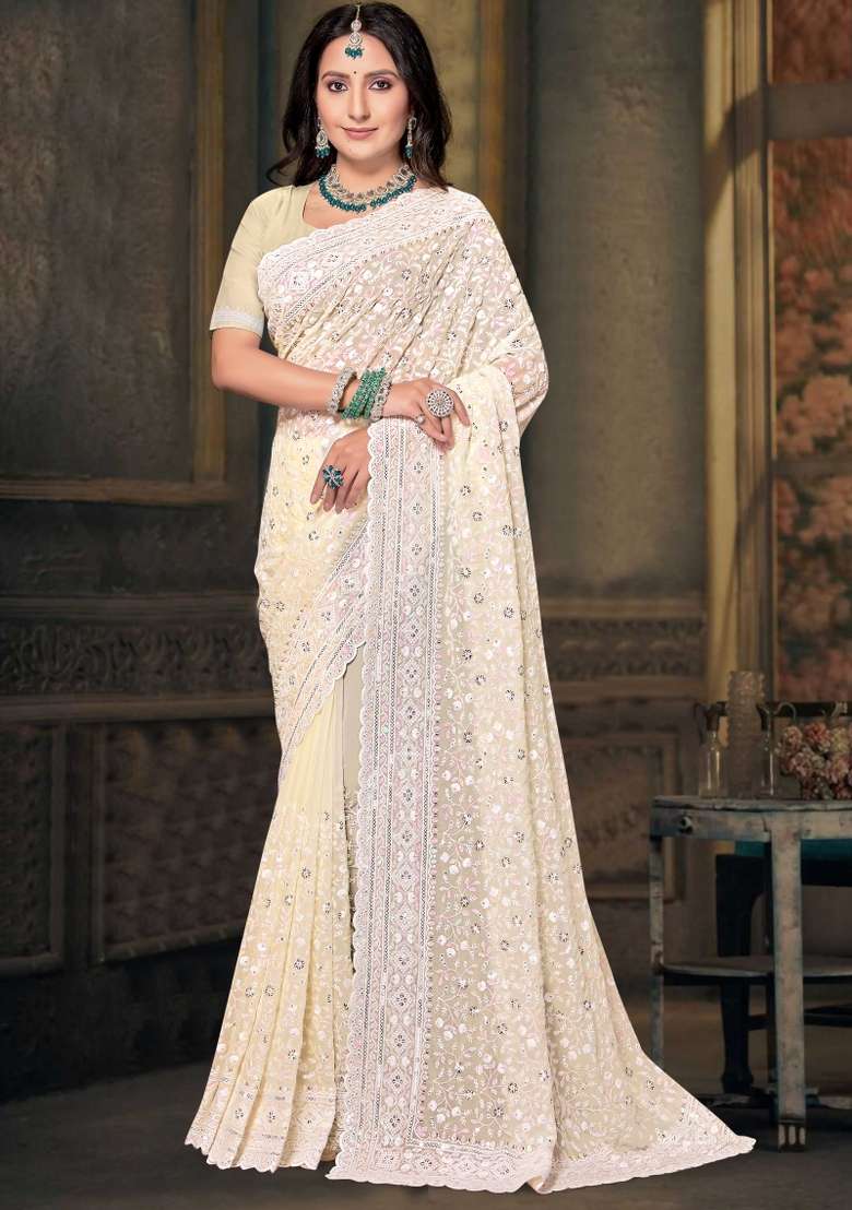 Lemon Yellow Embroidered Georgette Saree Set - Indya