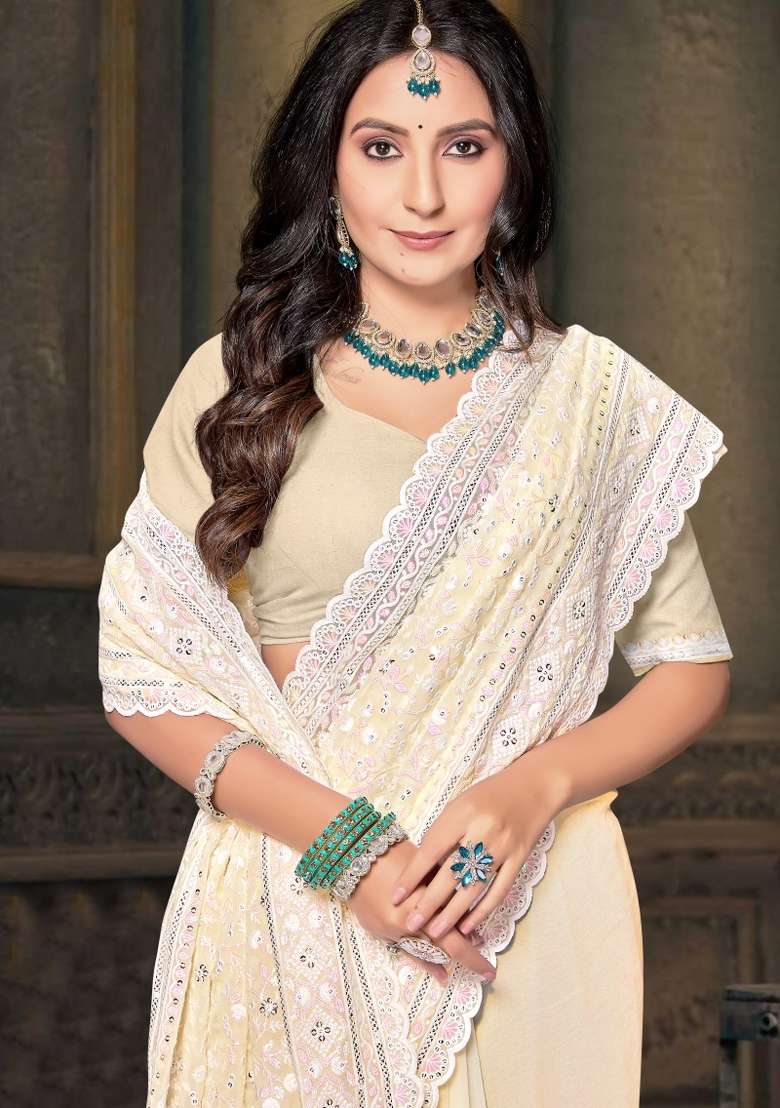 Lemon Yellow Embroidered Georgette Saree Set - Indya