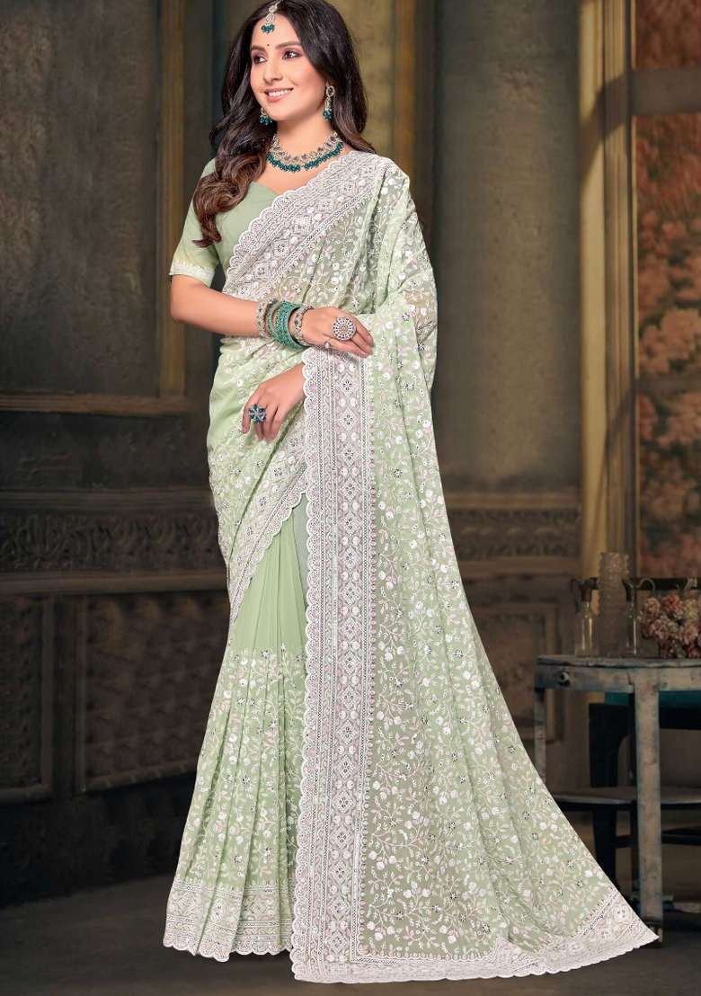 Pista Embroidered Georgette Saree Set - Indya