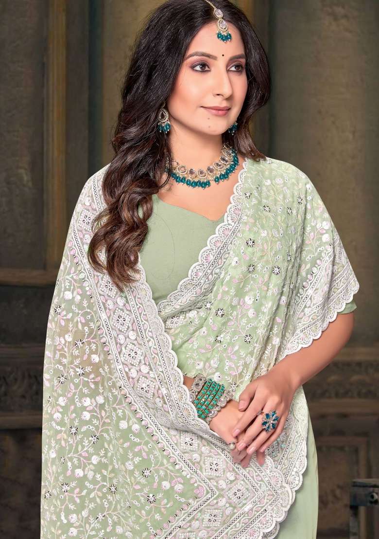 Pista Embroidered Georgette Saree Set - Indya