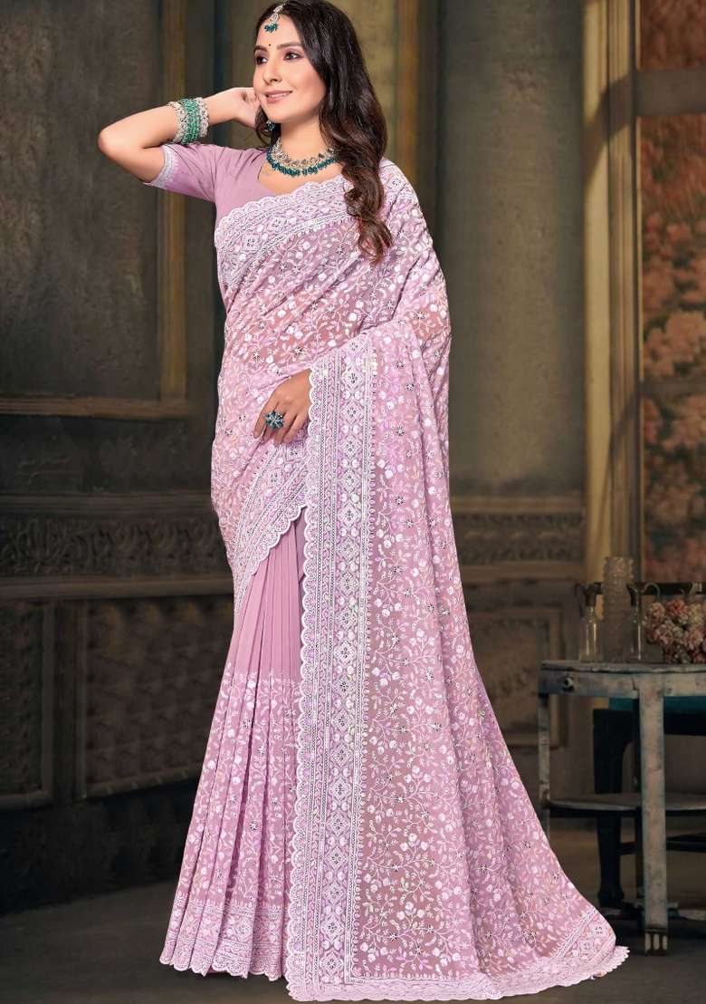Dusty Pink Embroidered Georgette Saree Set - Indya