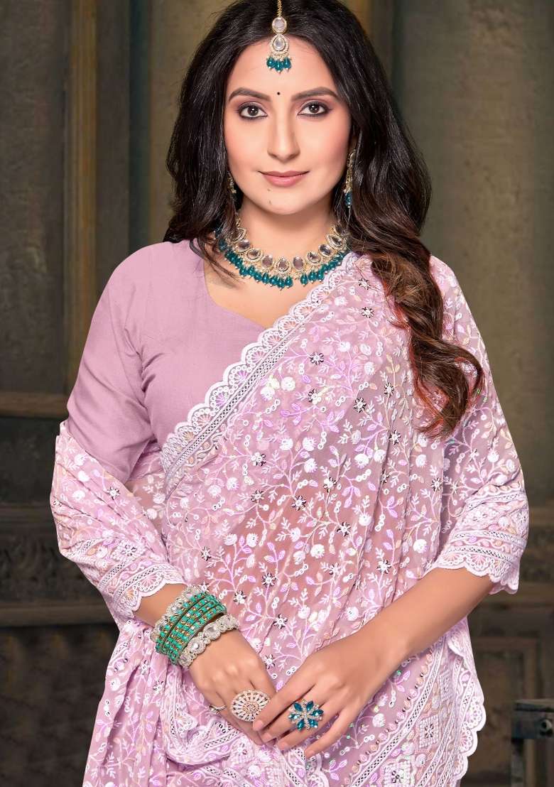 Dusty Pink Embroidered Georgette Saree Set - Indya
