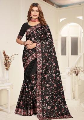 Black Embroidered Silk Blend Saree Set