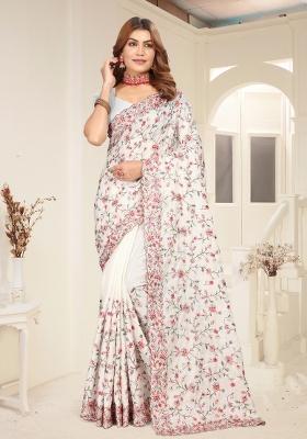 White Embroidered Silk Blend Saree Set