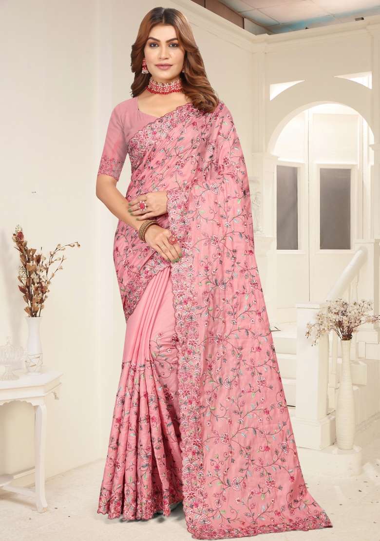 Peach Embroidered Silk Blend Saree Set - Indya