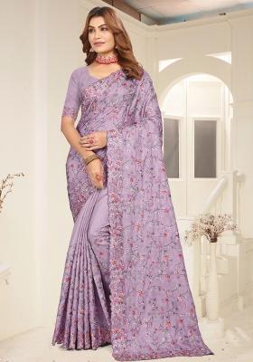 Lavender Embroidered Silk Saree Set
