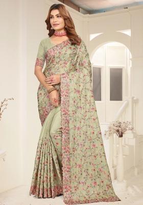 Pista Embroidered Silk Saree Set