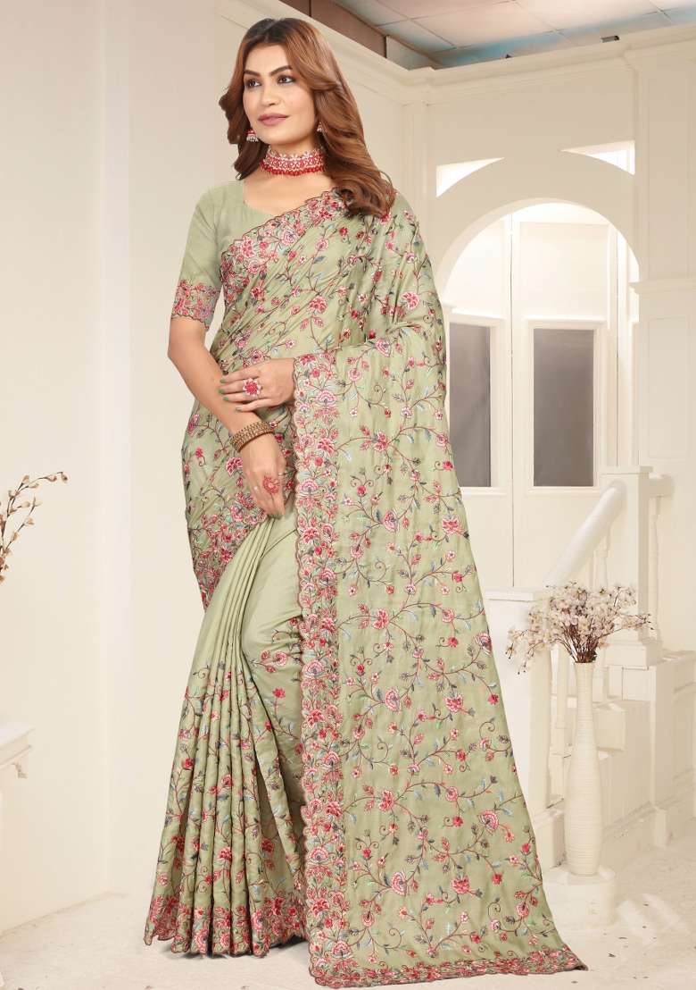 Pista Embroidered Silk Blend Saree Set - Indya