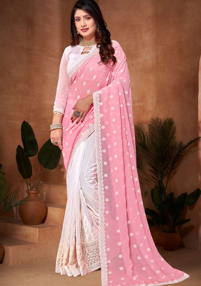Pink Embroidered Georgette Saree Set - Indya