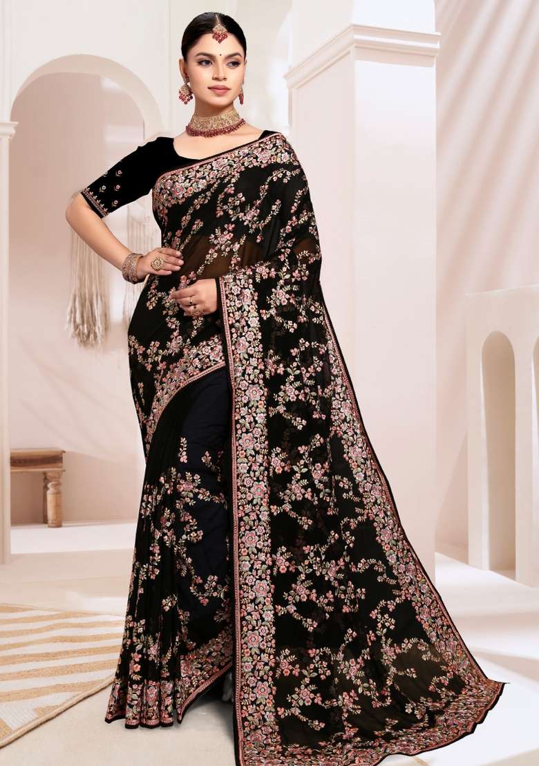 Black Embroidered Georgette Saree Set - Indya