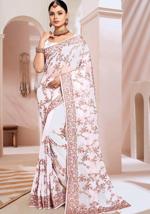 White Embroidered Georgette Saree Set