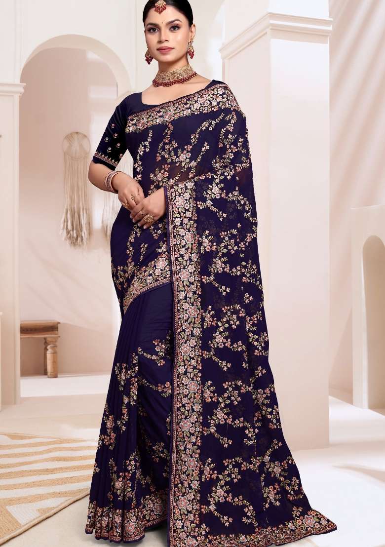 Navy Blue Embroidered Georgette Saree Set - Indya