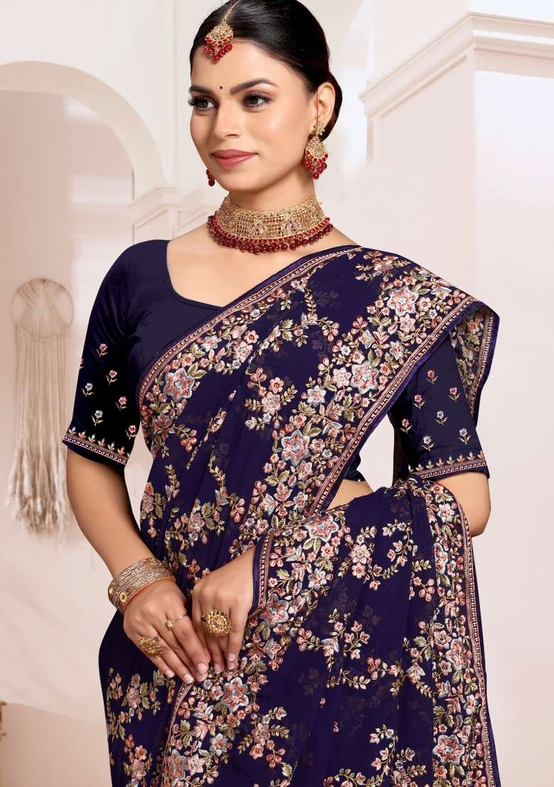 Navy Blue Embroidered Georgette Saree Set - Indya