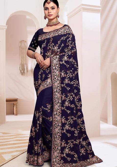 Navy Blue Embroidered Georgette Saree Set