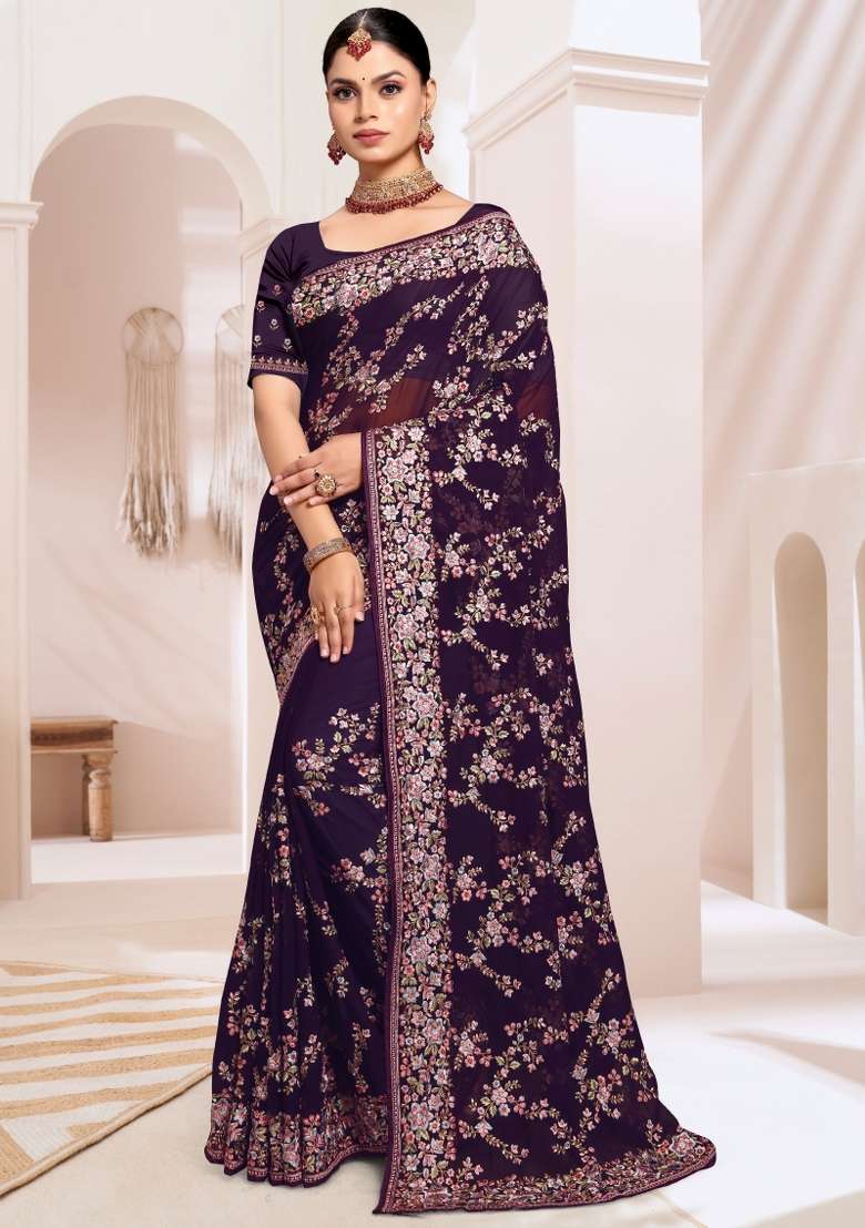Purple Embroidered Georgette Saree Set - Indya