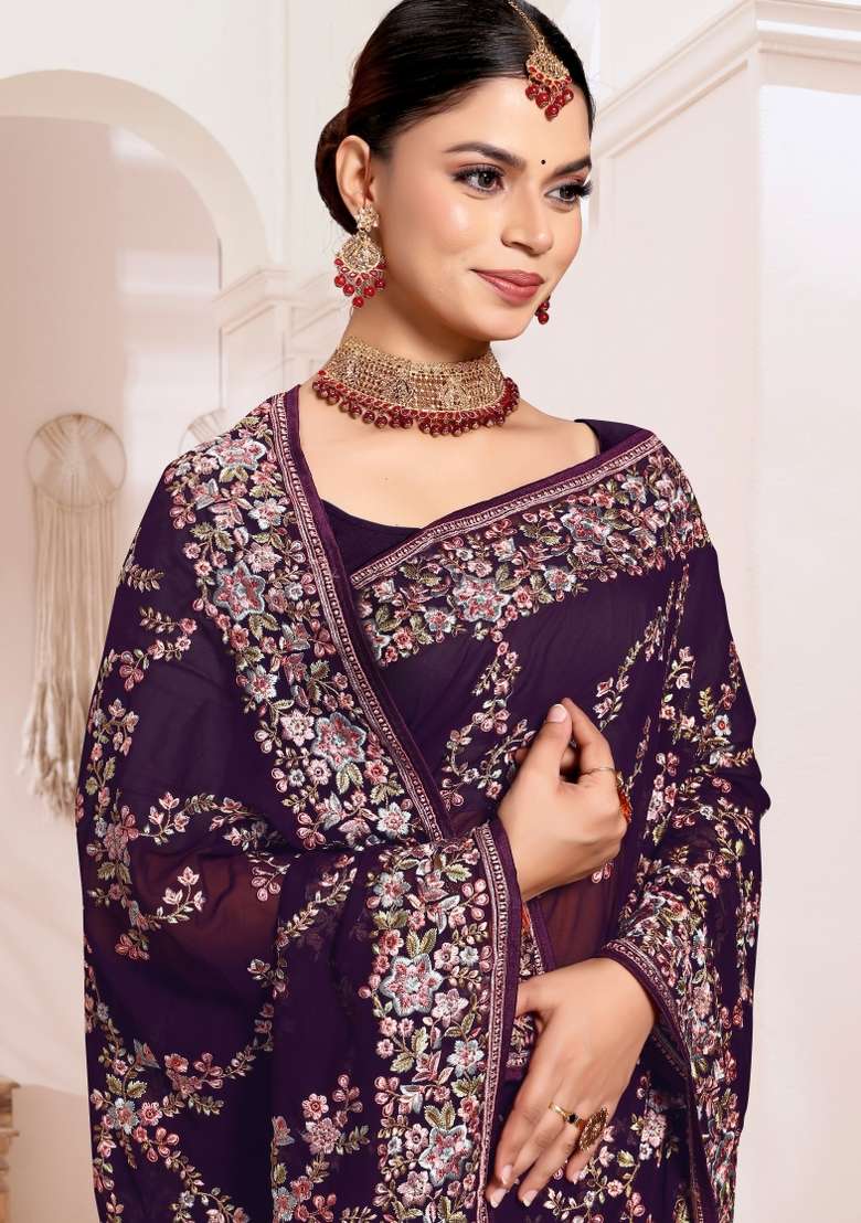 Purple Embroidered Georgette Saree Set - Indya