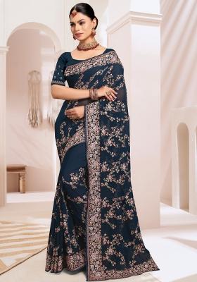 Blue Embroidered Georgette Saree Set