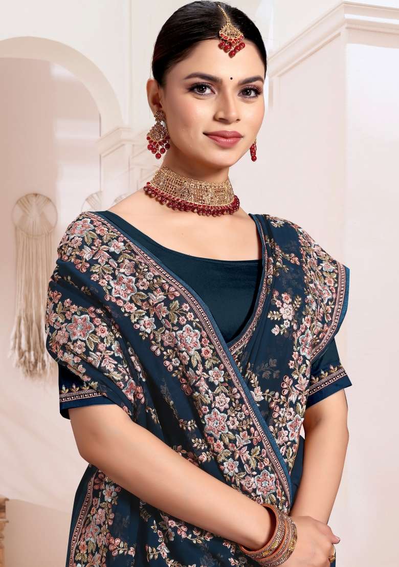 Blue Embroidered Georgette Saree Set - Indya