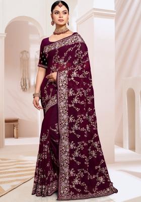 Wine Embroidered Georgette Saree Set