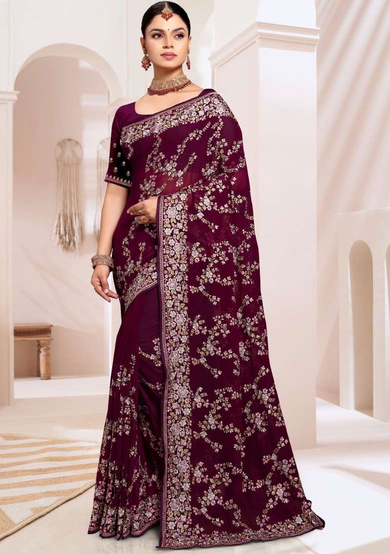 Wine Embroidered Georgette Saree Set - Indya
