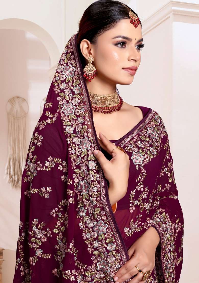 Wine Embroidered Georgette Saree Set - Indya