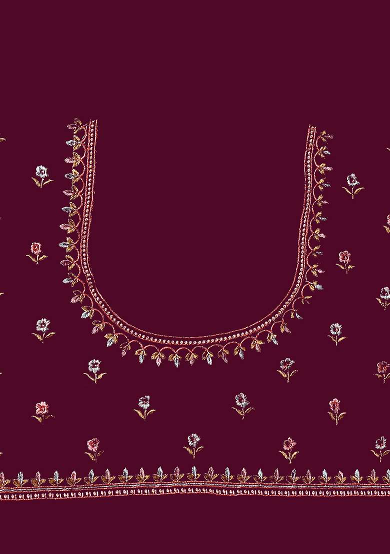 Wine Embroidered Georgette Saree Set - Indya