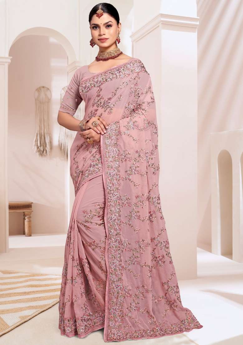 Dusty Pink Embroidered Georgette Saree Set - Indya
