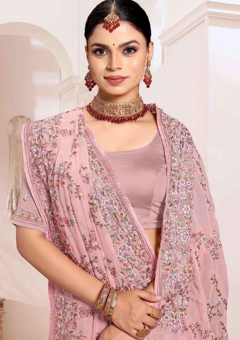 Dusty Pink Embroidered Georgette Saree Set - Indya