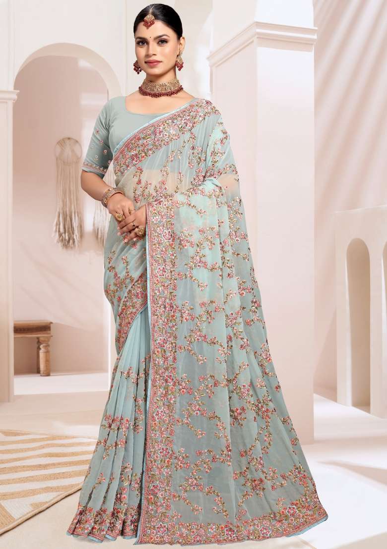 Sea Green Embroidered Georgette Saree Set - Indya