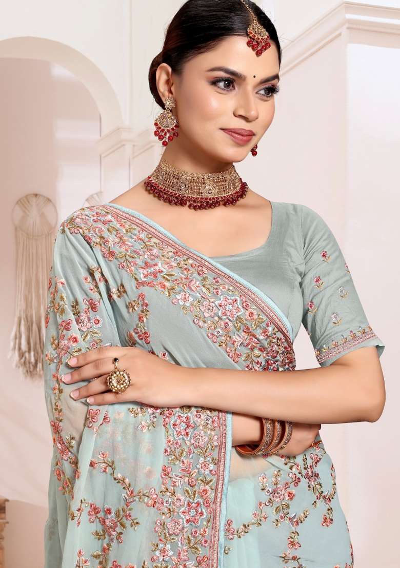 Sea Green Embroidered Georgette Saree Set - Indya