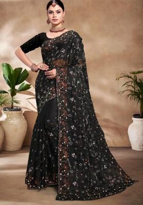 Black Embroidered Silk Blend Saree Set