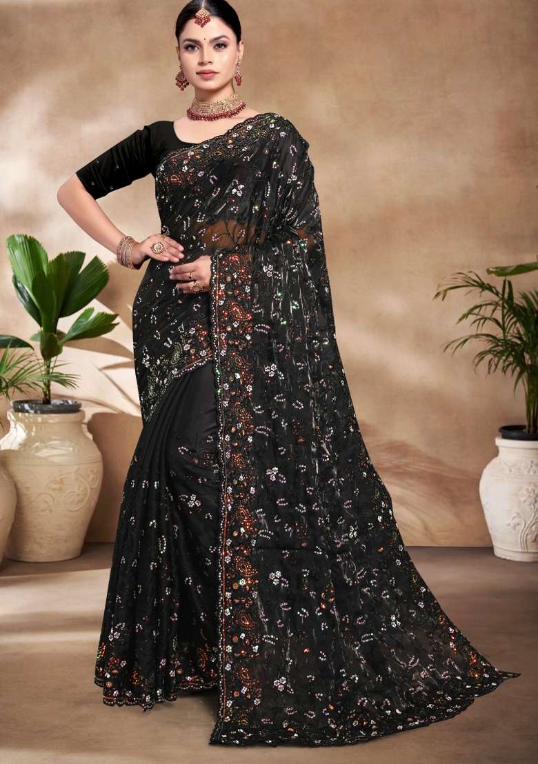 Black Embroidered Silk Blend Saree Set - Indya