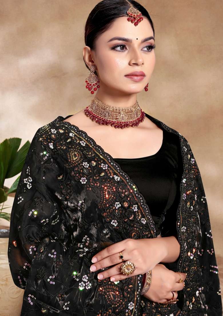 Black Embroidered Silk Blend Saree Set - Indya