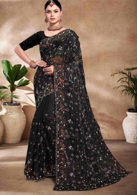 Black Embroidered Silk Saree Set