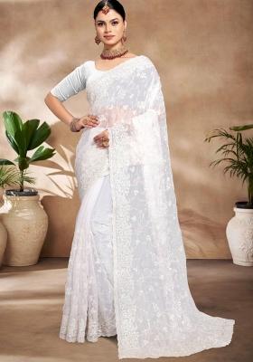 White Embroidered Silk Blend Saree Set
