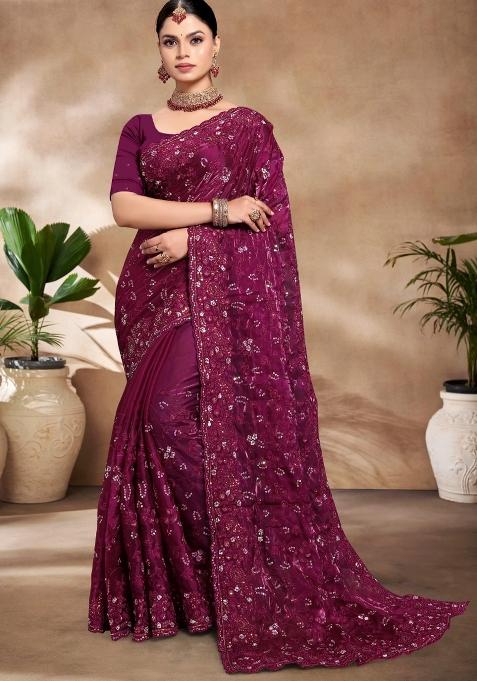 Wine Embroidered Silk Saree Set