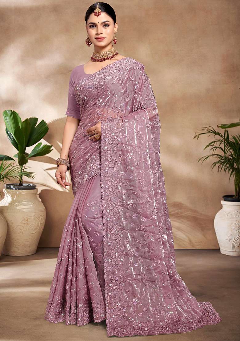 Lavender Embroidered Silk Blend Saree Set - Indya