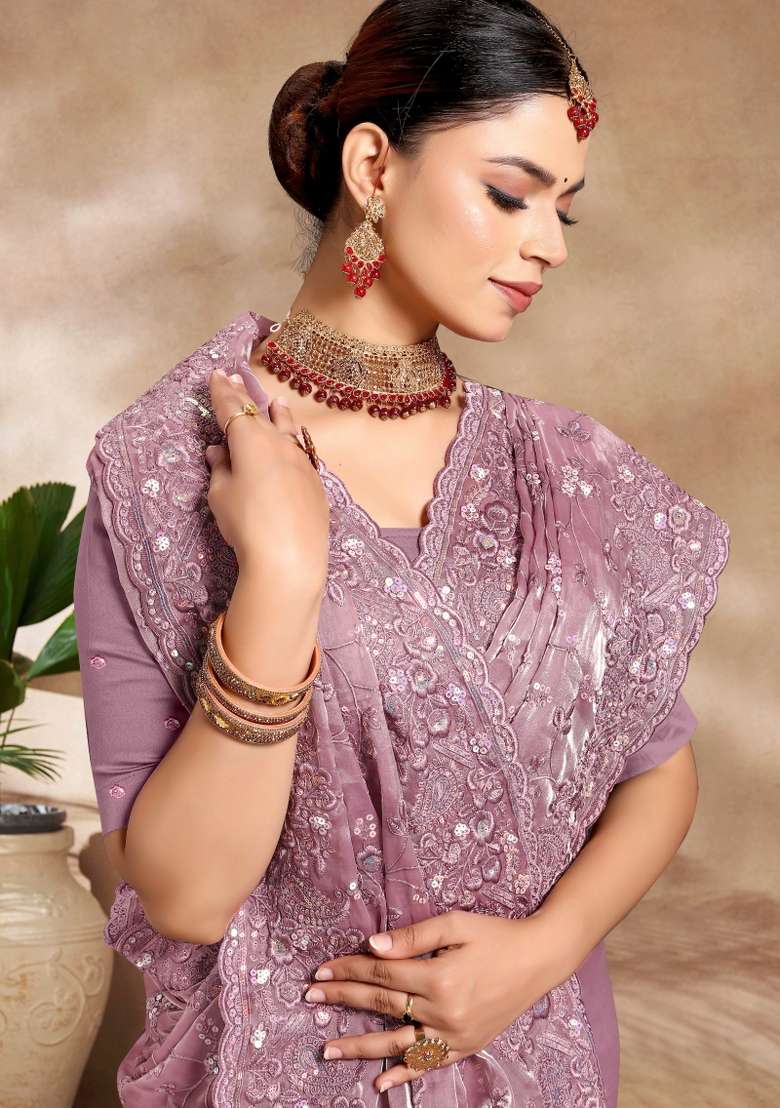 Lavender Embroidered Silk Blend Saree Set - Indya