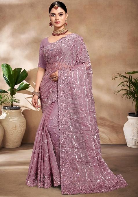 Lavender Embroidered Silk Saree Set