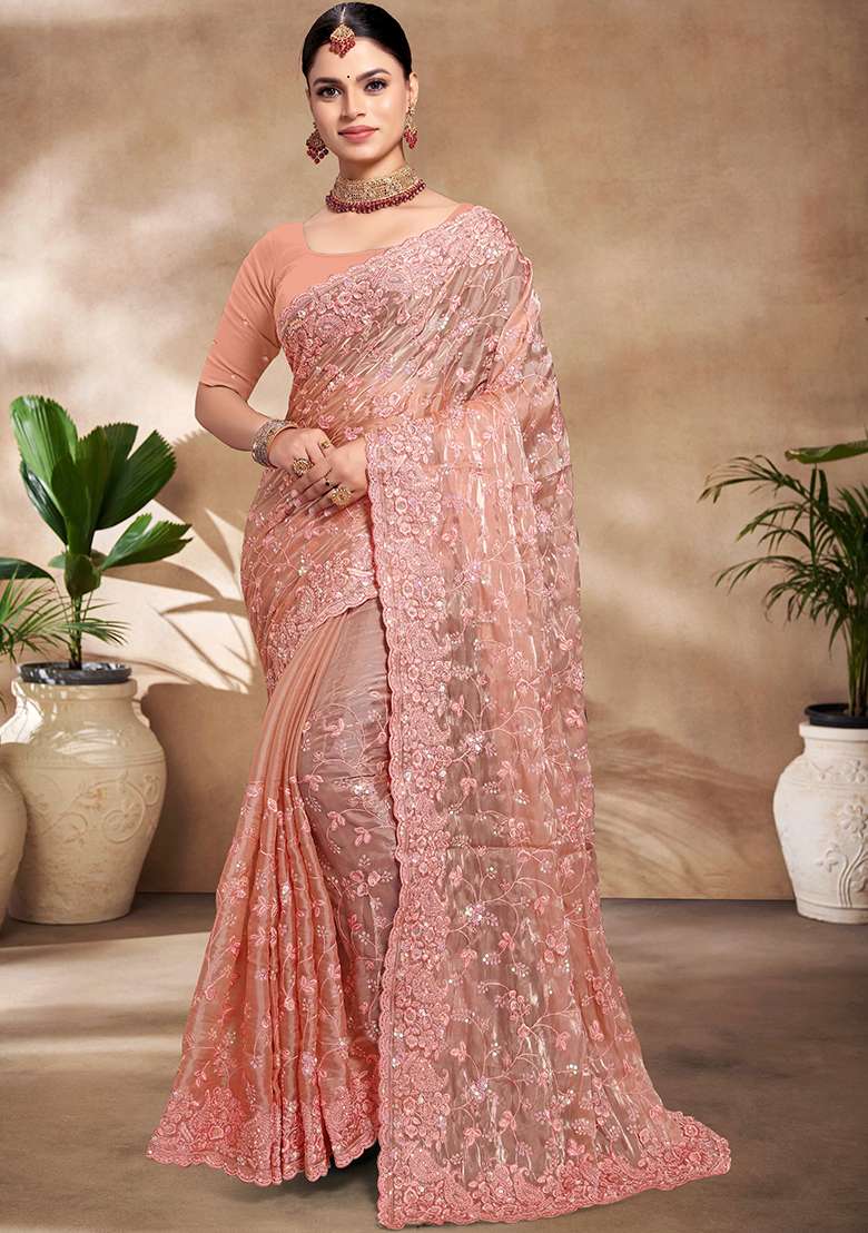 Peach Embroidered Silk Blend Saree Set - Indya