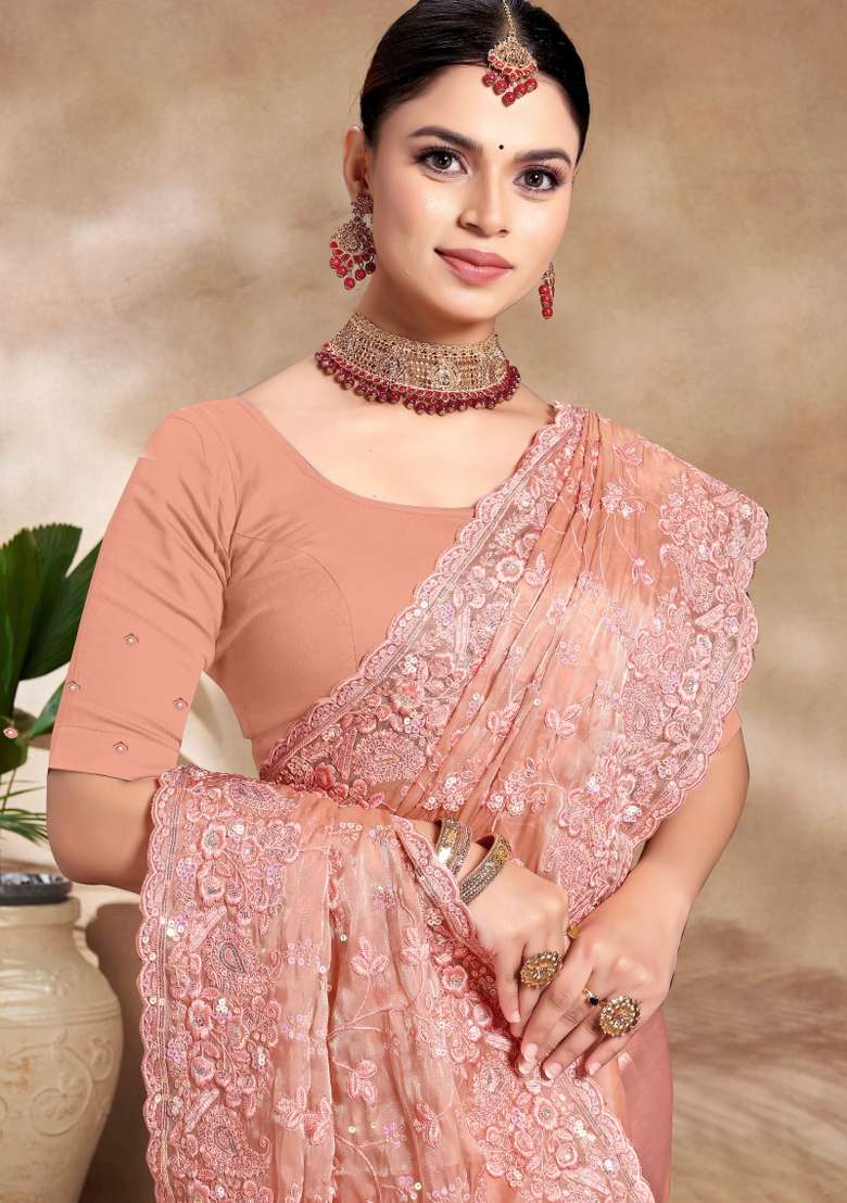Peach Embroidered Silk Blend Saree Set - Indya