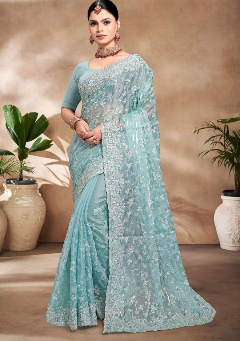 Sky Blue Embroidered Silk Blend Saree Set - Indya