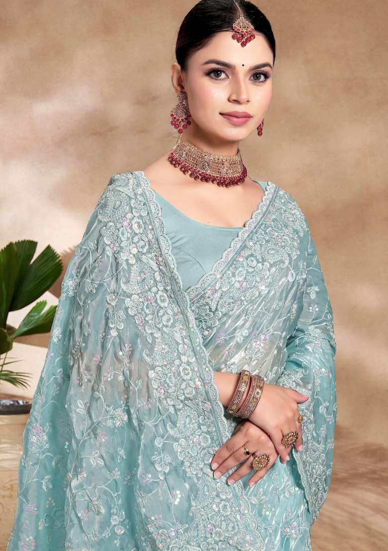 Sky Blue Embroidered Silk Blend Saree Set - Indya