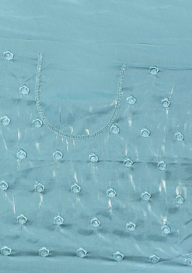 Sky Blue Embroidered Silk Blend Saree Set - Indya