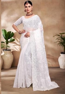 White Embroidered Silk Blend Saree Set