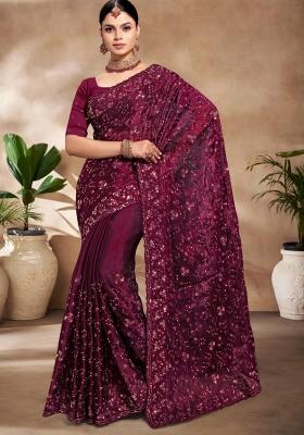 Wine Embroidered Silk Saree Set