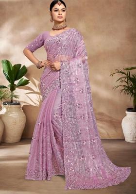 Lavender Embroidered Silk Saree Set