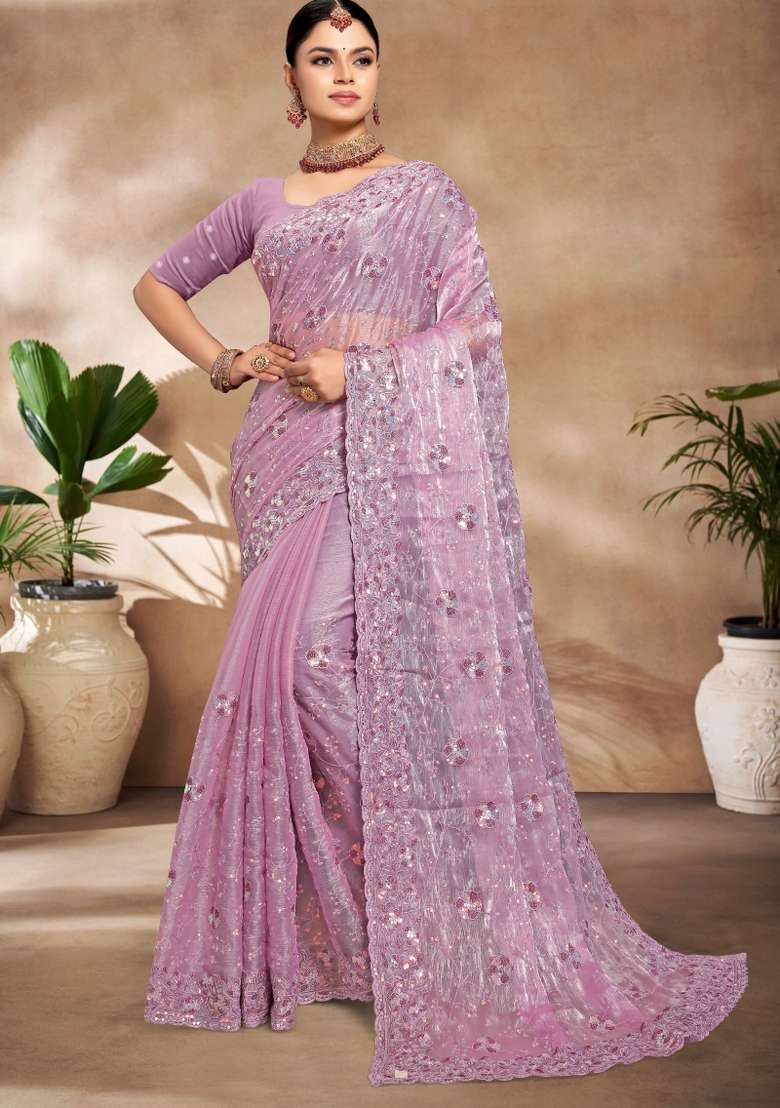 Lavender Embroidered Silk Blend Saree Set for Diwali and Festive Wear - Indya