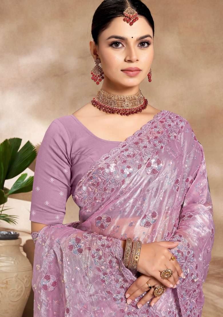 Lavender Embroidered Silk Blend Saree Set for Diwali and Festive Wear - Indya