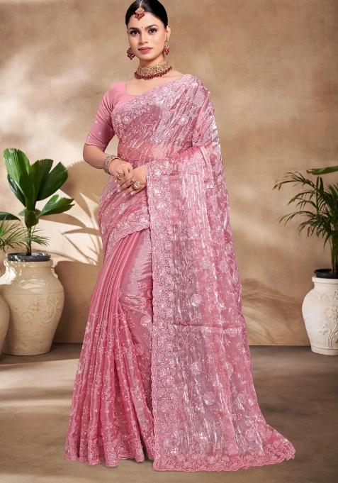 Pink Embroidered Silk Saree Set